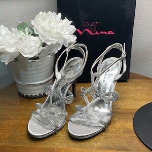 Touch of Nina satin and crystal Metallic Strappy Heels worn once Sz 9.5 with box